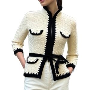 Sandra Angelozzi Chanel-Style Wool Knit Belted Cardigan in Cream Size Small